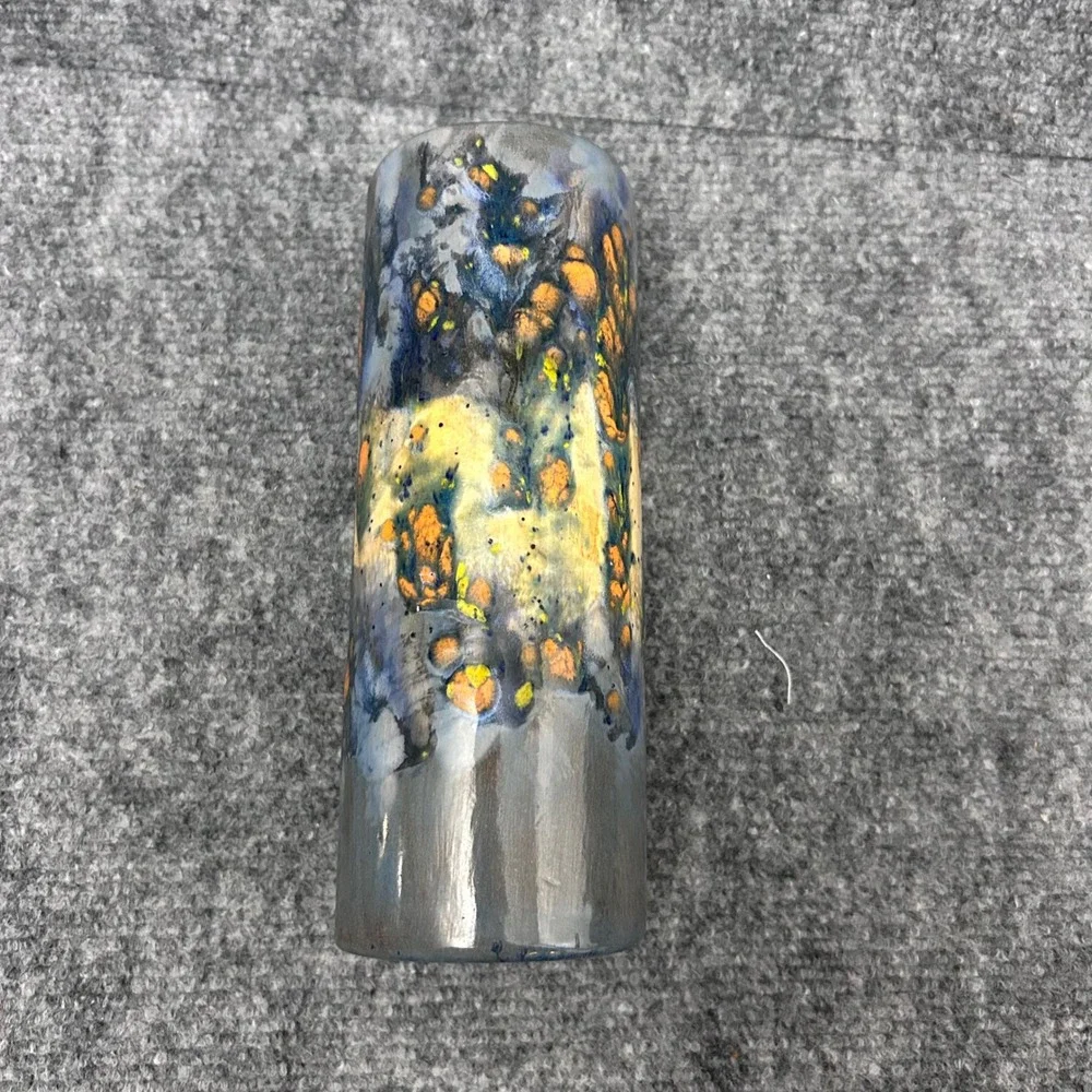 BFB Pottery Blue Grey Ochre Drip Glaze Ceramic Cylinder Bud Vase Studio Art
